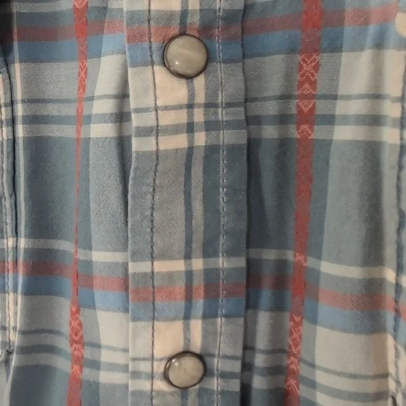 Lucky Brand Western Snap Button Down Short Sleeve Blue Orange Plaid Shirt Large - Picture 8 of 8
